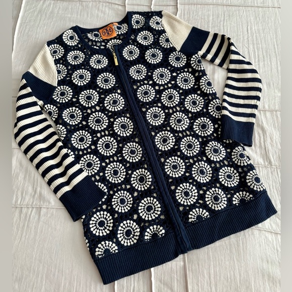 Tory Burch Crochet Cardigan Sweater Navy White Striped Zip Front Small - Picture 2 of 5